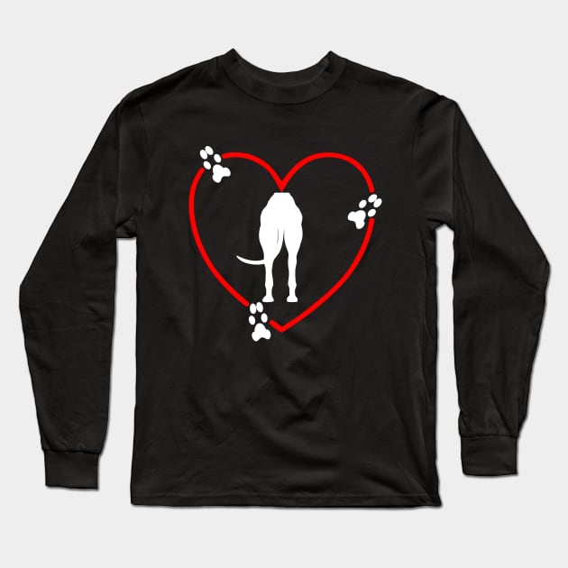 White Greyhound Butt Red Love Heart Paw Prints Long Sleeve T-Shirt by Greyt Graphical Greyhound